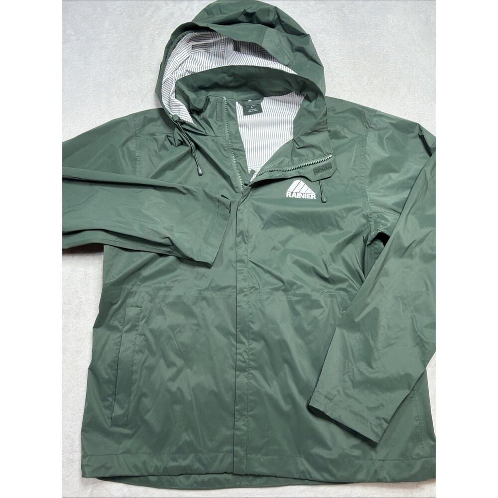 Rainier Outdoor Hooded Rain Jacket Sage Green 100% Nylon Striped Lining Large